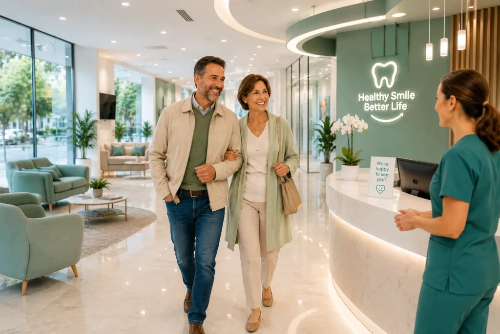 Adult couple waiting for dental insurance therapy