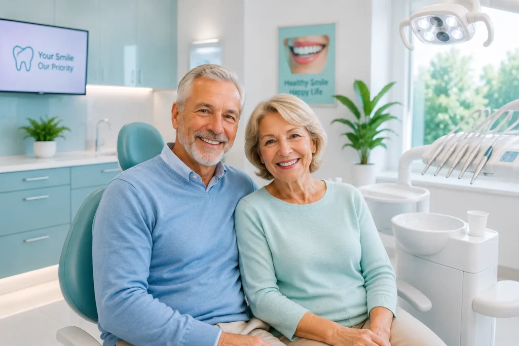 Senior couple smiling at a modern dental office while exploring dental insurance options