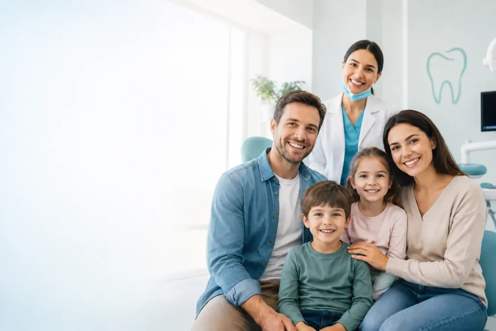 Smiling family meeting with a dentist to compare the best dental insurance plans for families in the USA.