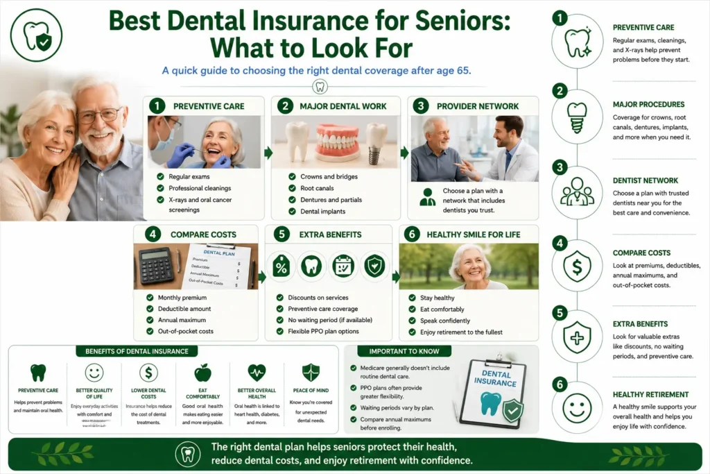 Infographic explaining how to choose the best dental insurance for seniors, including preventive care, major dental work, provider networks, costs, and extra benefits.