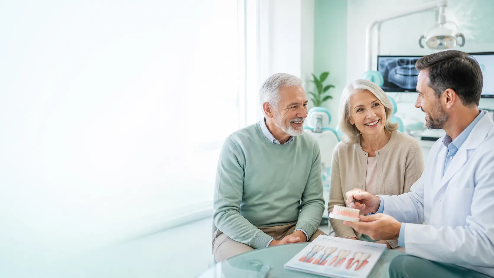 Older couple discussing dental coverage with a dentist during a consultation.