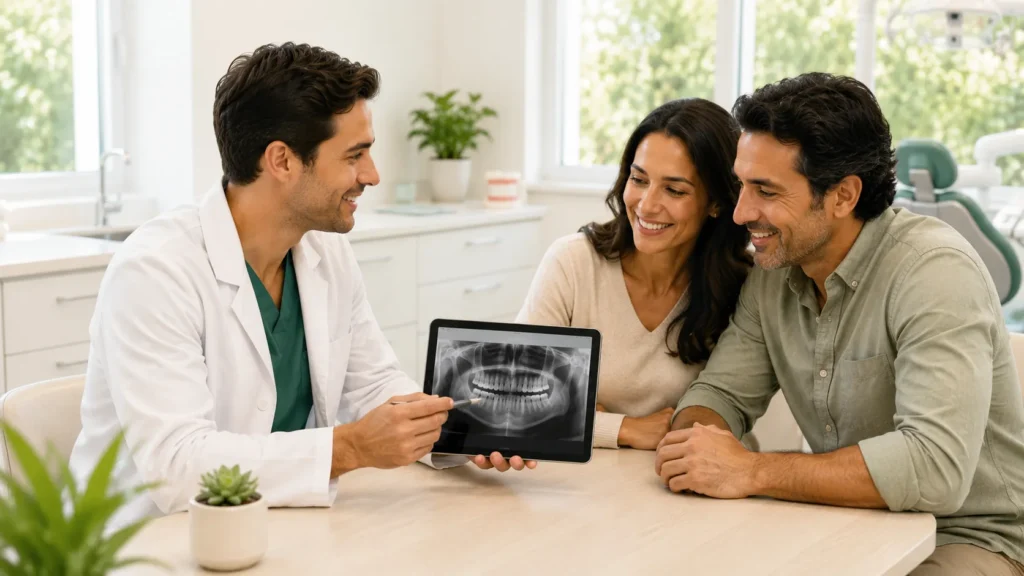 Brunette couple discussing dental insurance coverage options with a dentist during a modern dental consultation.