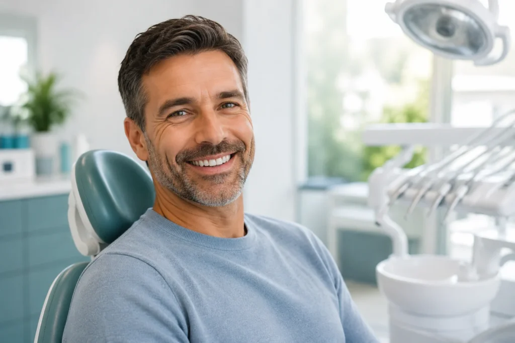 Smiling patient at a modern dental clinic exploring dental insurance and comparing dental plans with confidence.