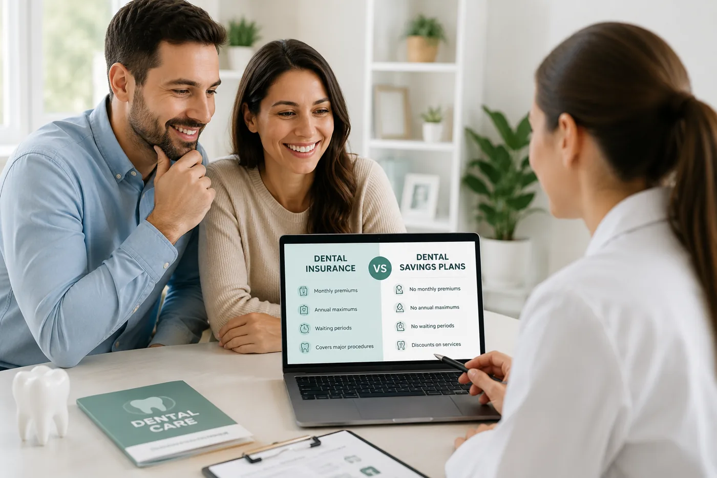 Couple reviewing dental insurance and dental savings plan differences with a dental professional on a laptop.