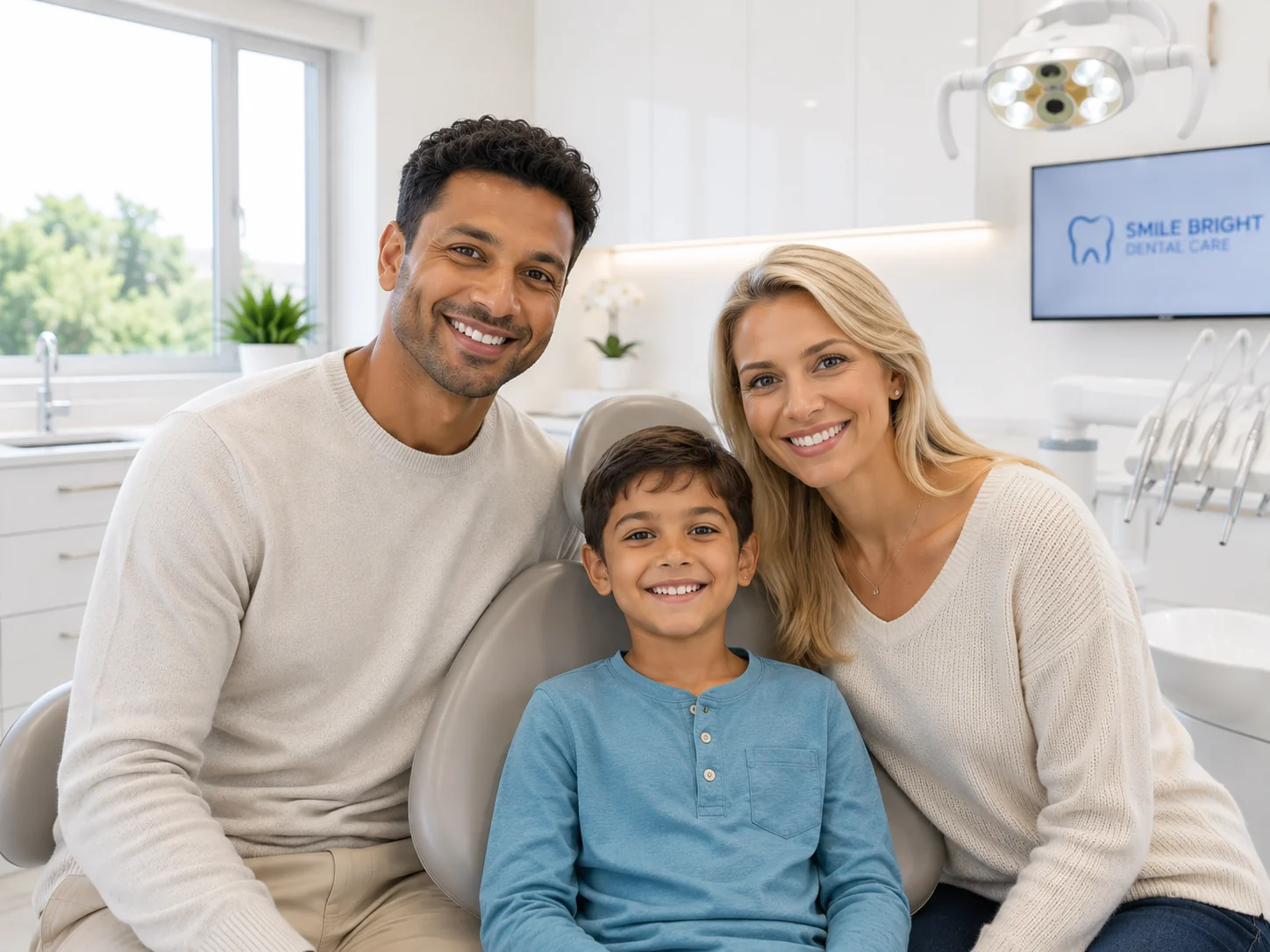 Parents and child seated in a dental treatment room.