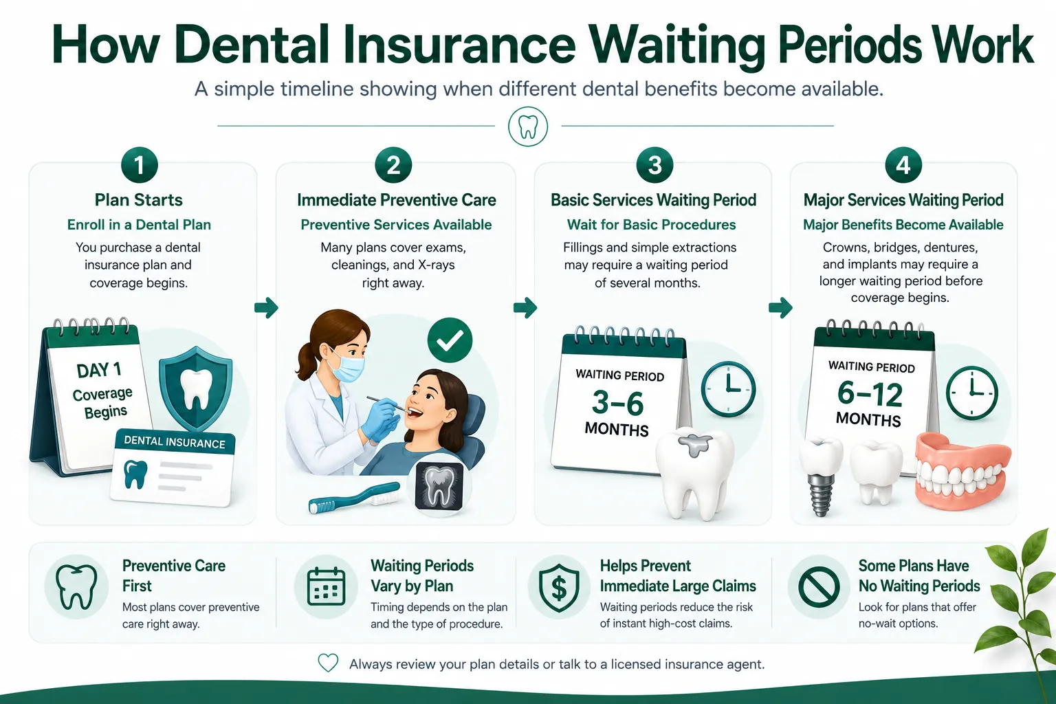Infographic explaining how dental insurance waiting periods work, including plan start dates, immediate preventive care, basic services, and major services timelines.