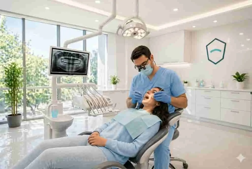Dentist examining a patient in a bright modern dental office.