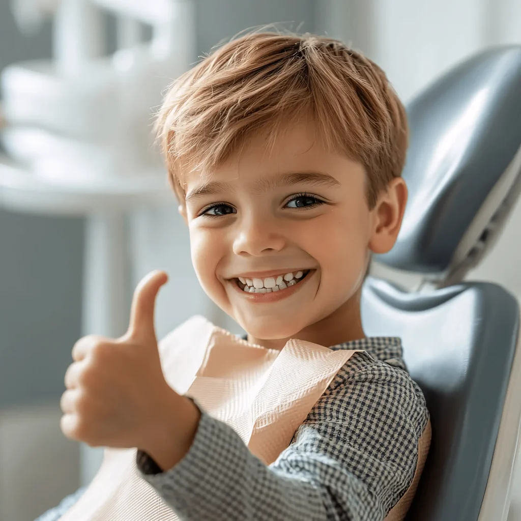 Smiling child giving a thumbs-up while sitting in a dental chair.