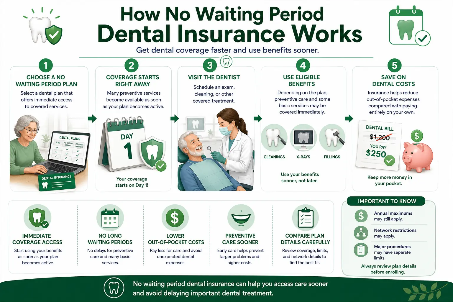 Infographic explaining how no waiting period dental insurance works, including immediate coverage, dental visits, eligible benefits, and cost savings.