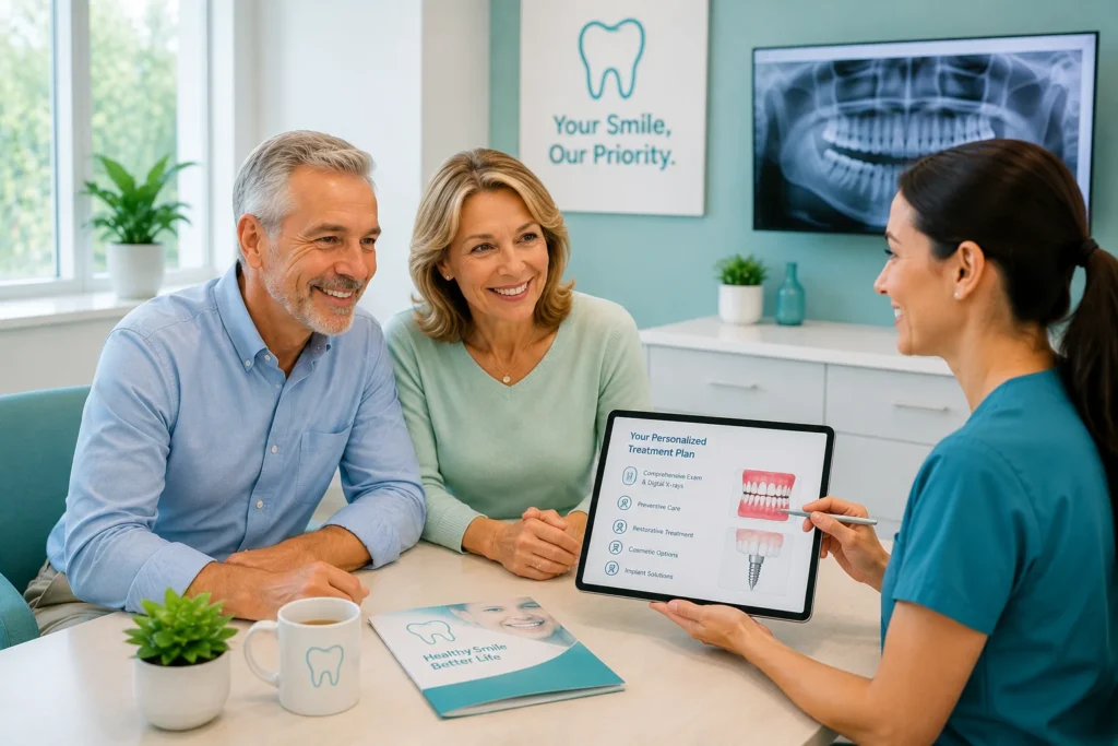 Dental advisor explaining waiting periods and dental plan options to a senior couple during a consultation.