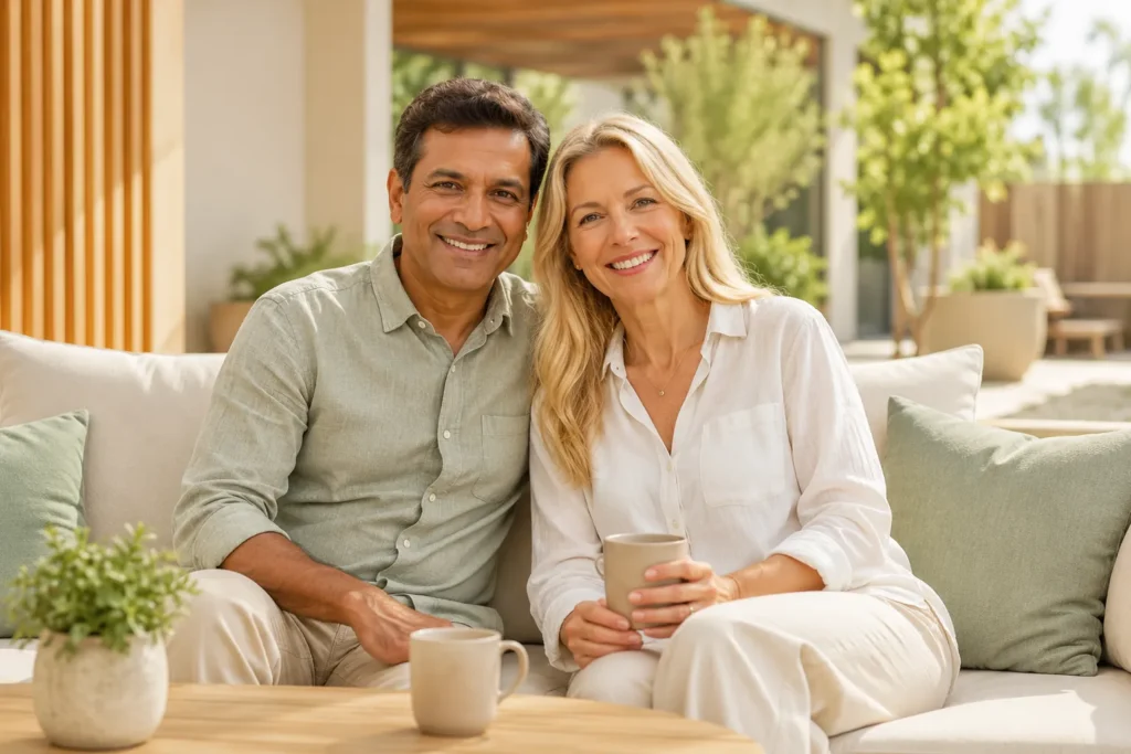Smiling senior couple exploring dental insurance options and preventive dental care for long-term oral health.