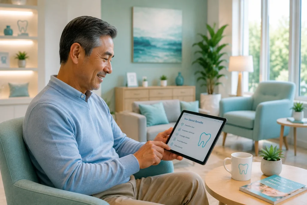 Senior reviewing dental insurance options on a tablet before choosing a dental plan.