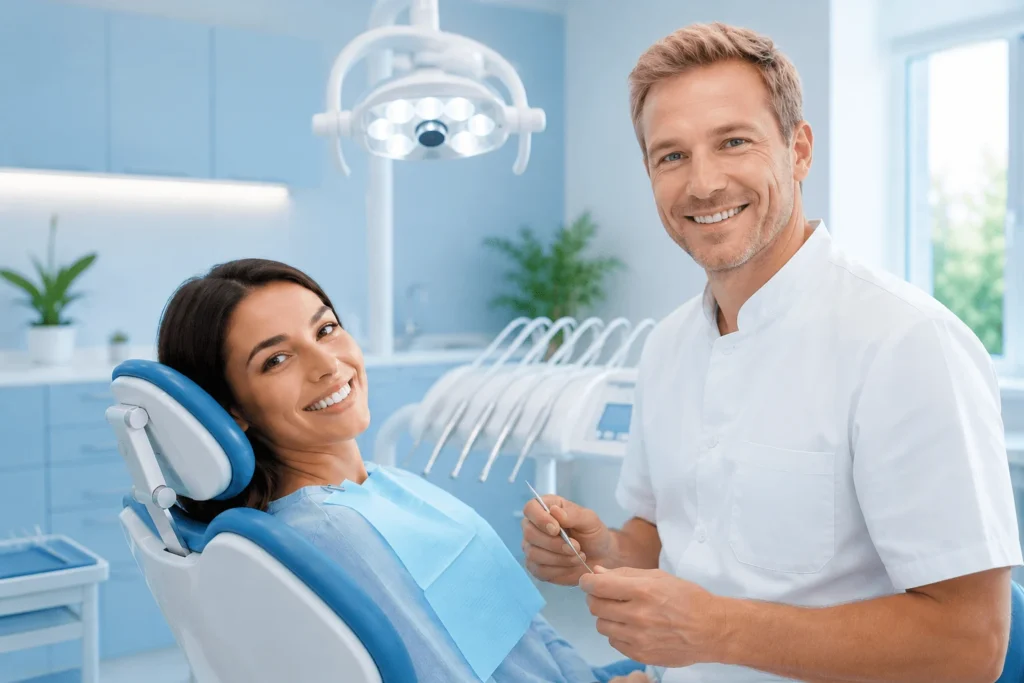 Patient seated in a dental chair beside a dentist.