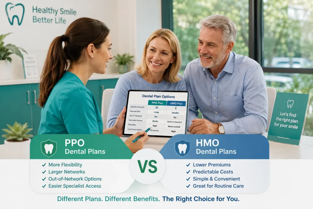 Senior couple consulting PPO vs HMO dental plans
