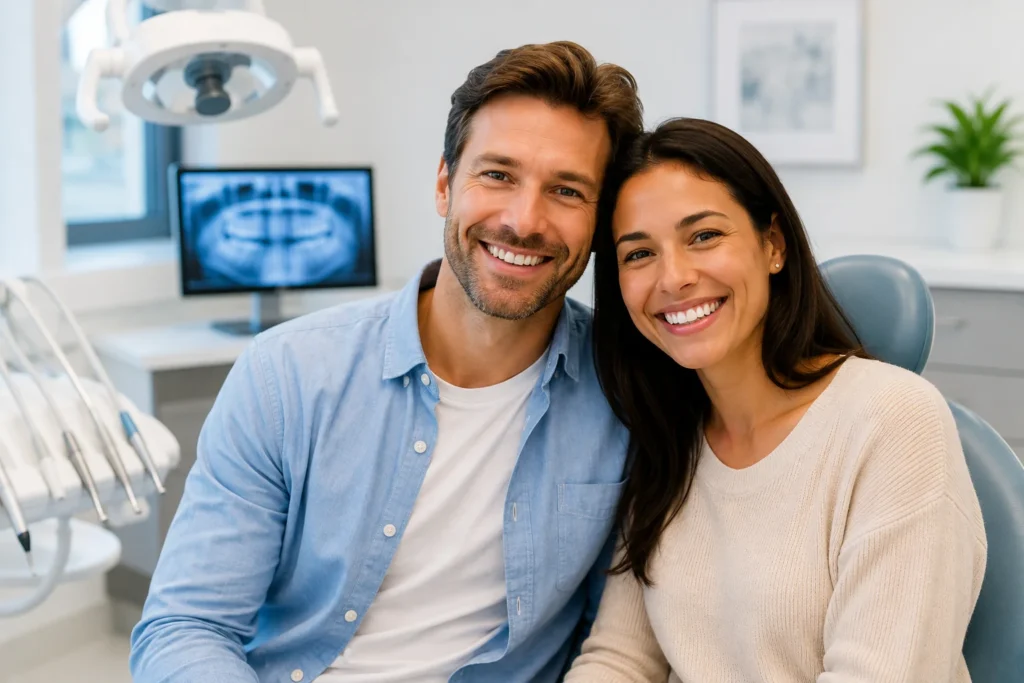 Couple smiling after routine preventive dental appointment.