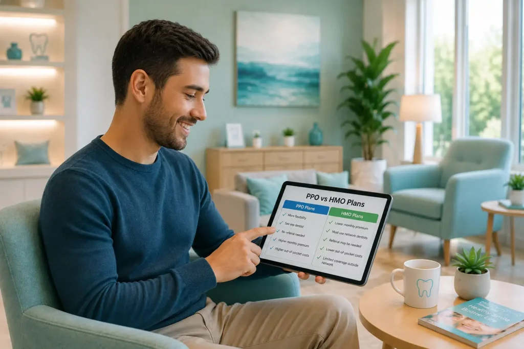 Young-man-comparing-PPO-vs-HMO-dental-insurance-plans.