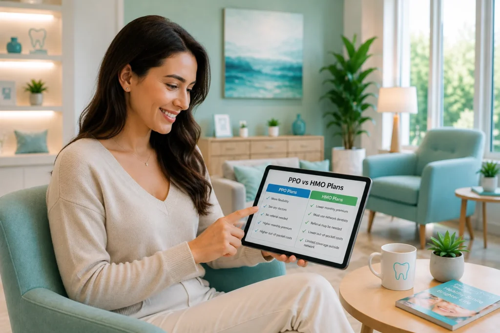 Young-woman-comparing-PPO-vs-HMO-dental-insurance-plans.