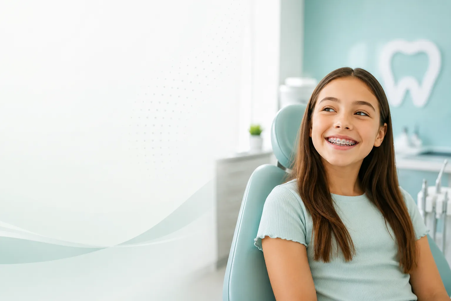 Smiling girl wearing braces during an orthodontic visit at a modern dental clinic.