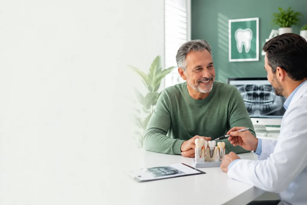 Dentist discussing dental implant treatment options with a patient using a dental implant model.