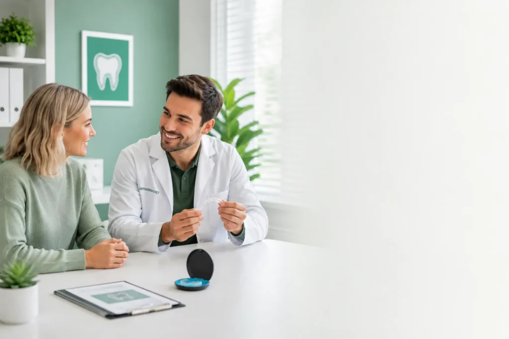 Orthodontist discussing Invisalign treatment options with a patient while holding a clear aligner.