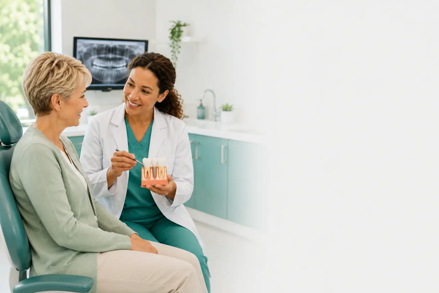 Dentist explaining a dental crown treatment using a tooth model during a consultation with an adult patient.