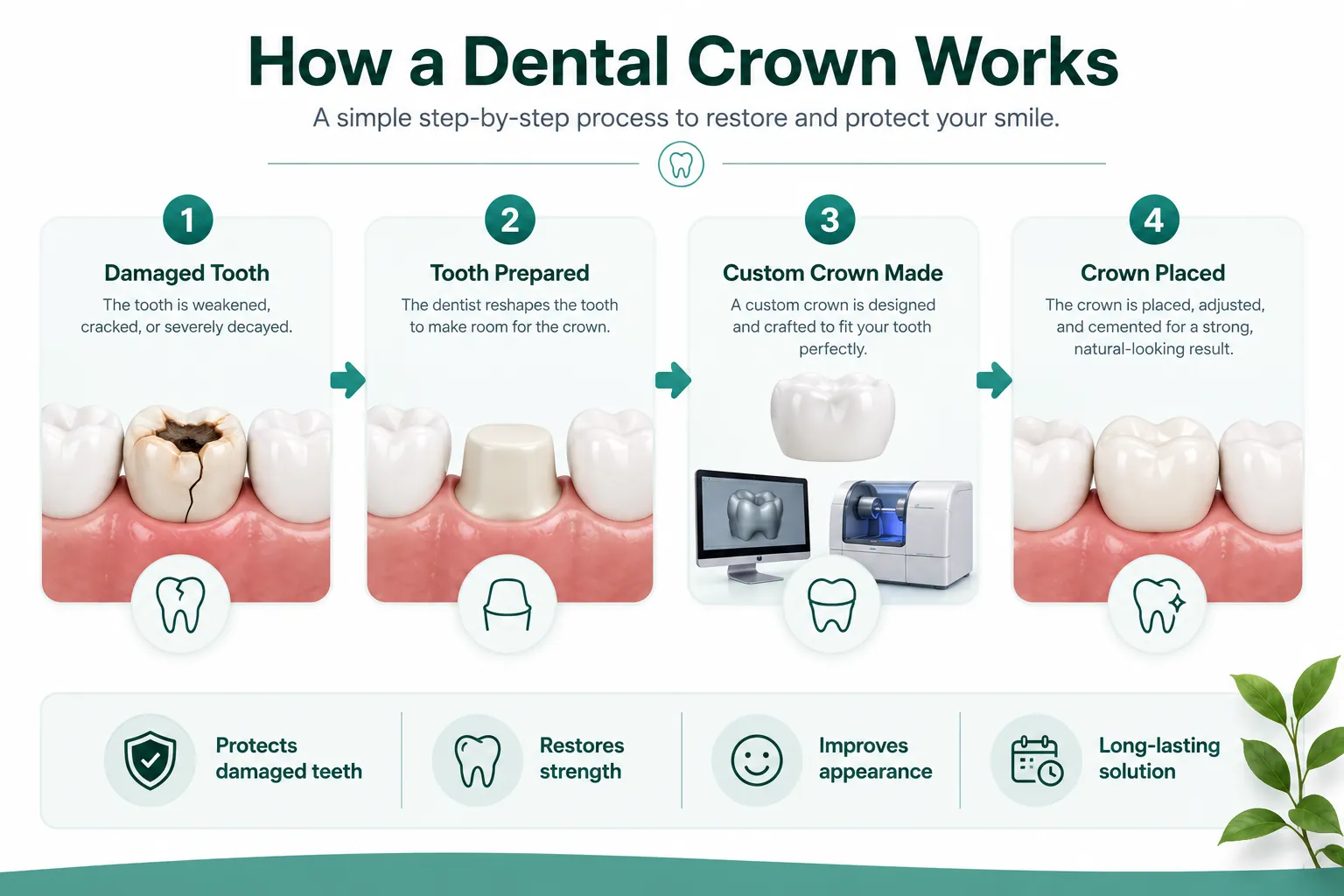 Infographic showing evaluation, tooth preparation, related buildup procedures, provisional restoration, crown fabrication, and final placement.