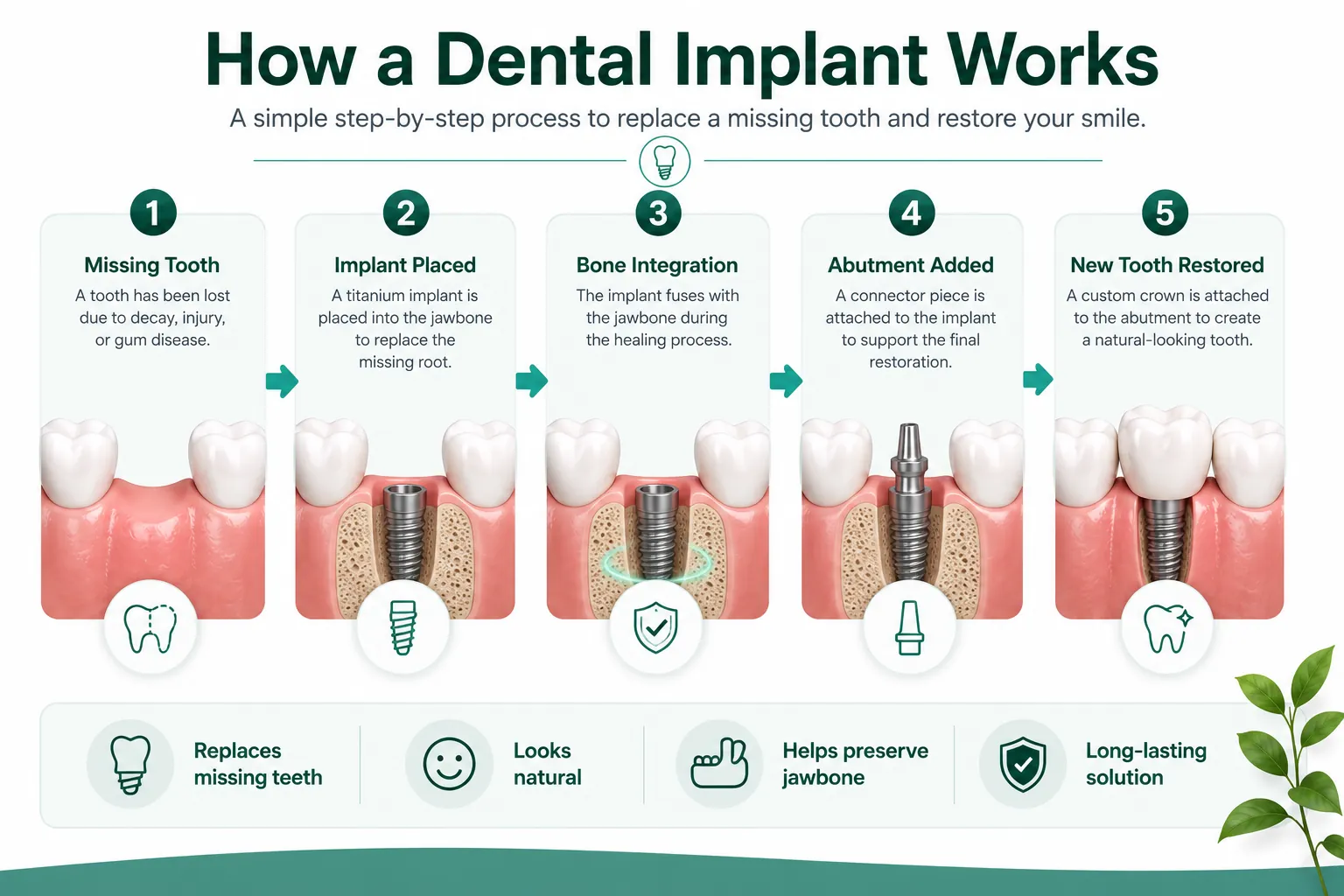 Infographic showing evaluation, imaging, implant-body placement, healing, abutment placement, and final dental restoration.