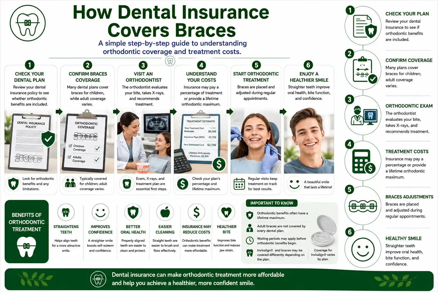 Infographic explaining orthodontic eligibility, lifetime maximums, waiting periods, provider networks, and treatment costs.