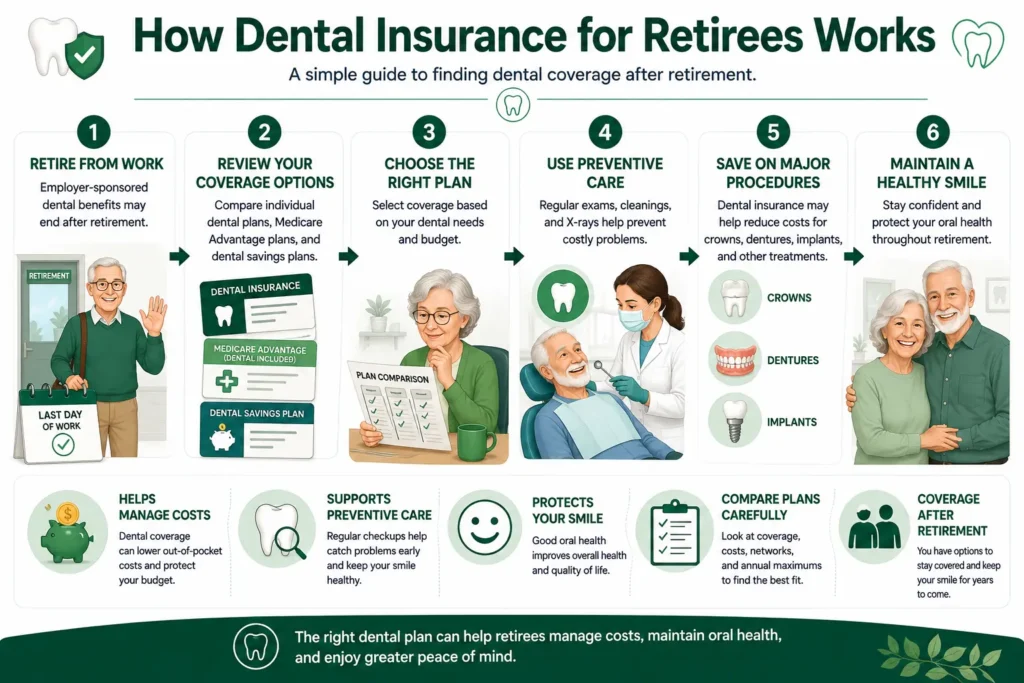 Infographic explaining how dental insurance works for retirees after retirement, from comparing plans to maintaining long-term oral health.