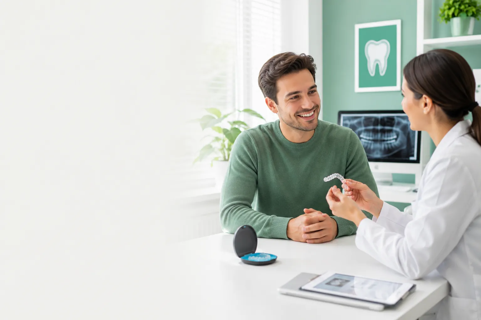Dentist speaking with an older patient beside a dental model.