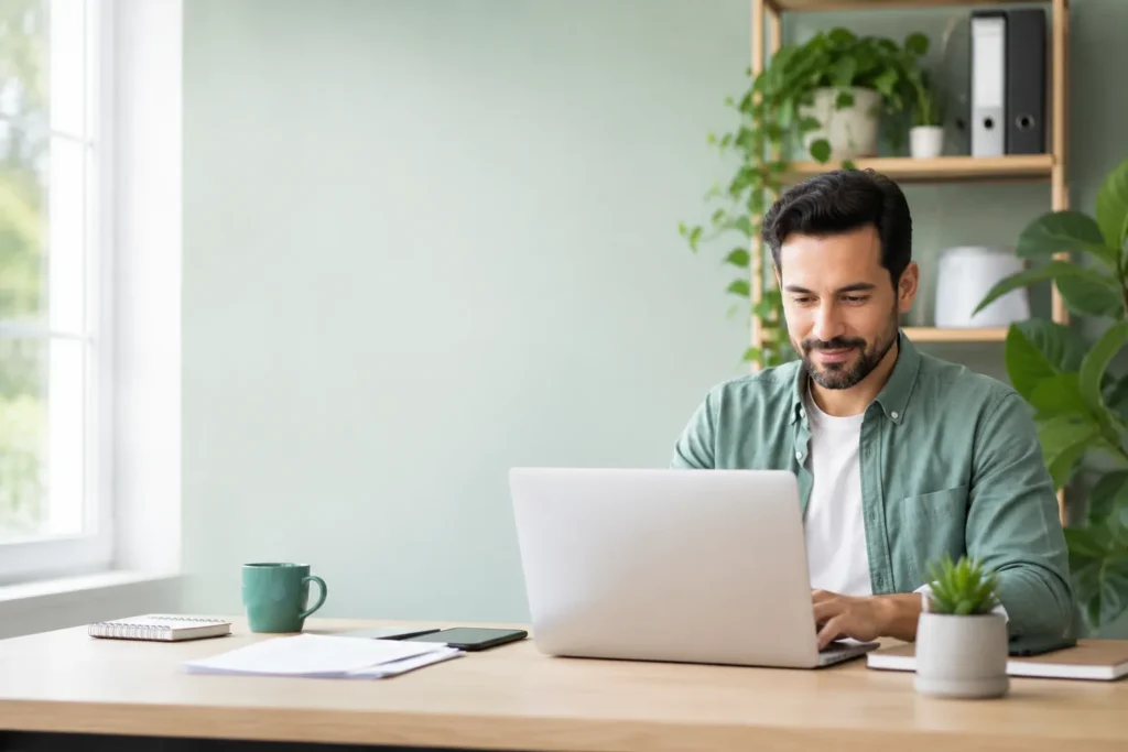 Self-employed professional comparing dental insurance plans on a laptop while working from a home office.