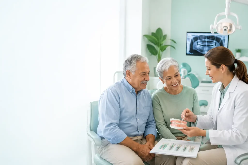 Dentist explaining denture treatment options using a denture model to an older couple during a dental consultation.