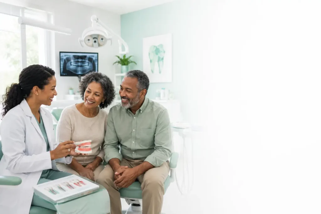 Dentist discussing denture treatment options with an older couple using a denture model during a consultation.