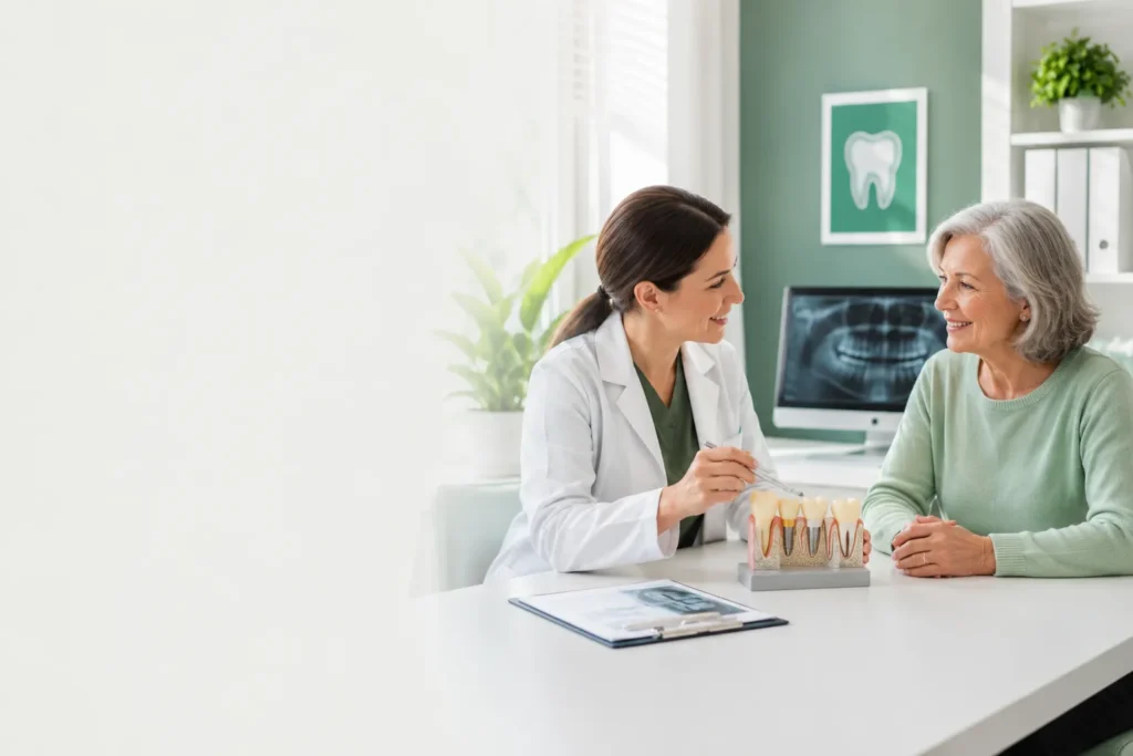 Dentist explaining dental implant treatment options to a senior patient using a dental model.