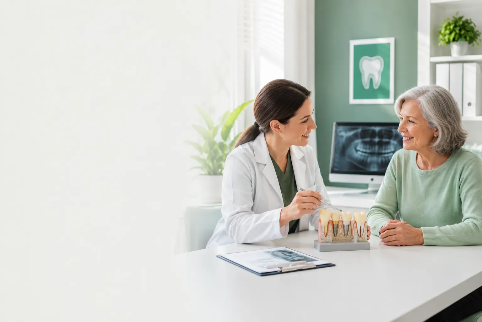 Dentist explaining dental implant treatment options to a senior patient using a dental model.