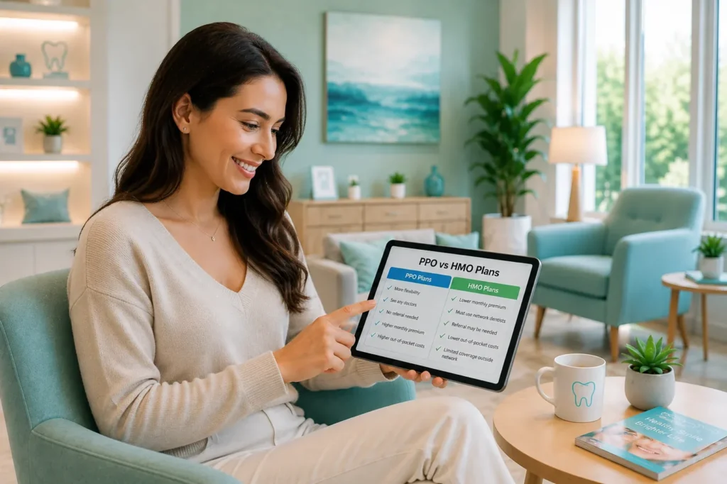 Person reviewing HMO dental plan benefits on a tablet, highlighting lower costs, preventive care, and predictable coverage.