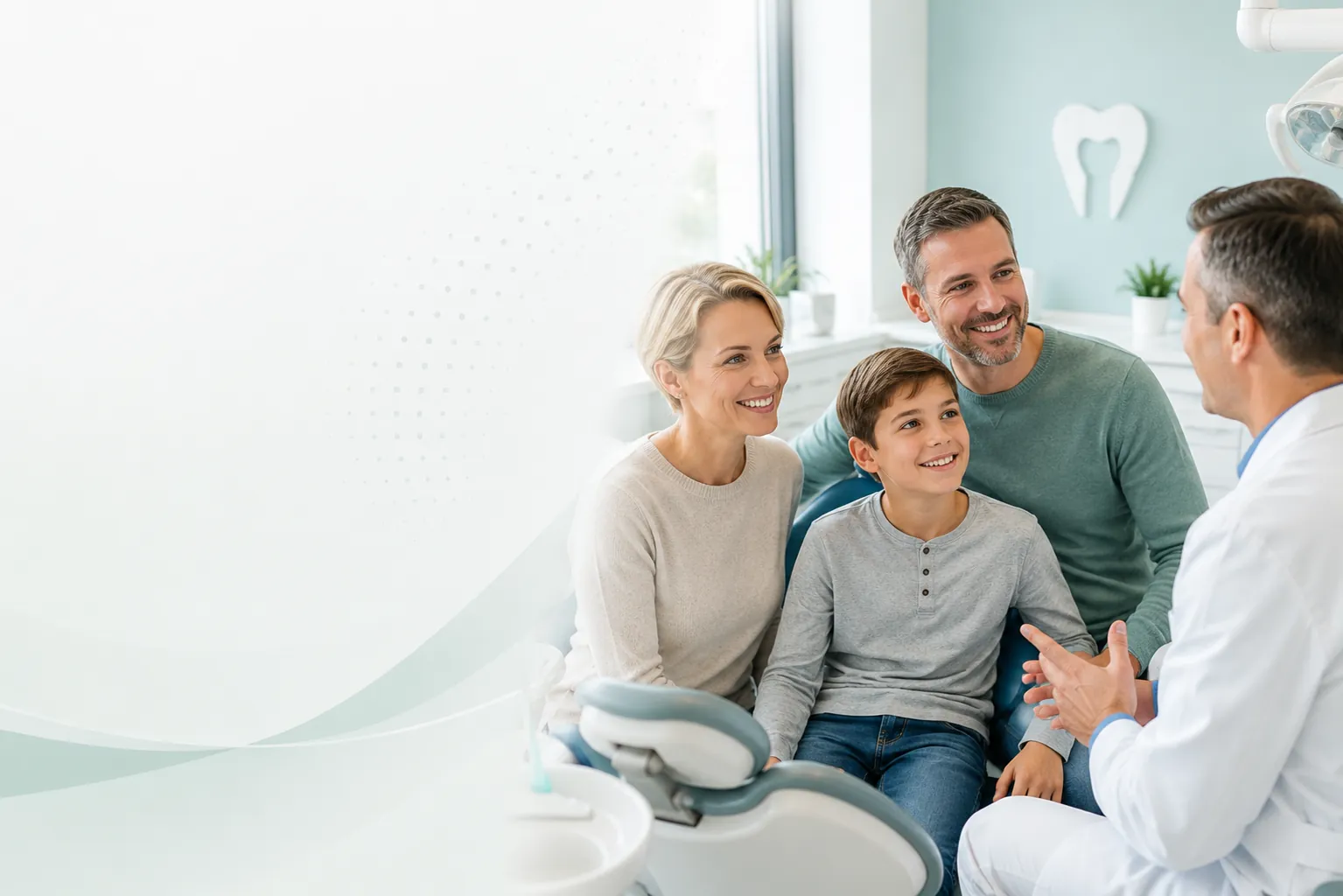 Parents and child discussing dental coverage with a dentist during an office visit.