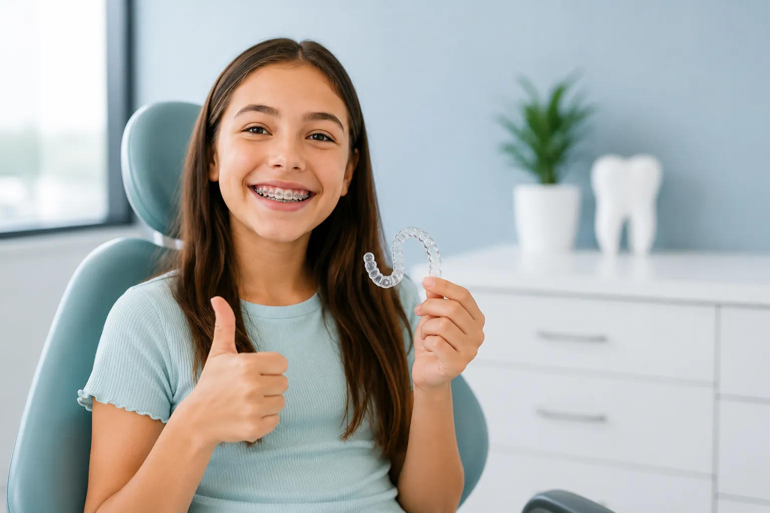 Smiling girl with braces holding a clear aligner while sitting in a dental office.