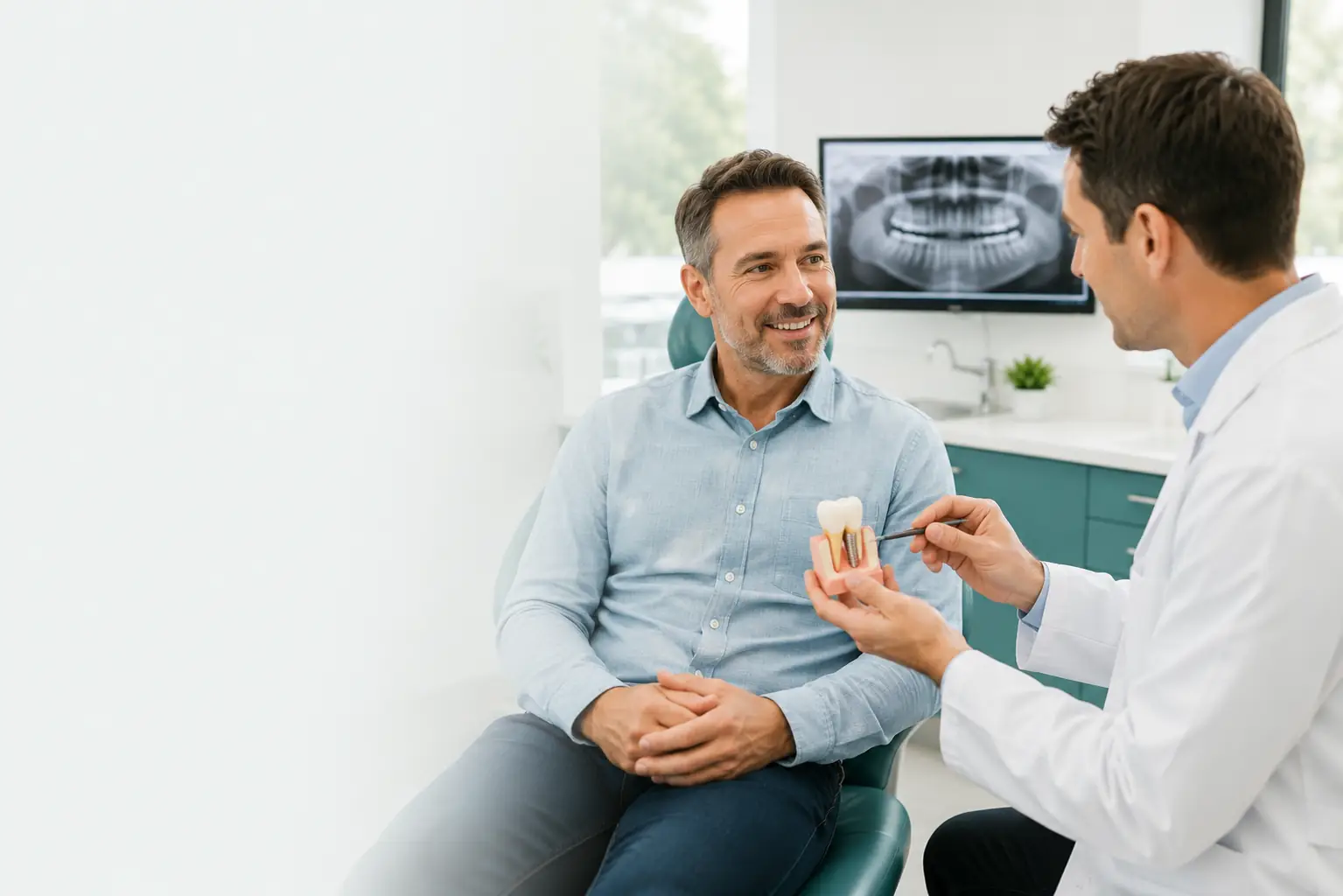 Dentist explaining a restorative dental procedure to a patient using a tooth model.