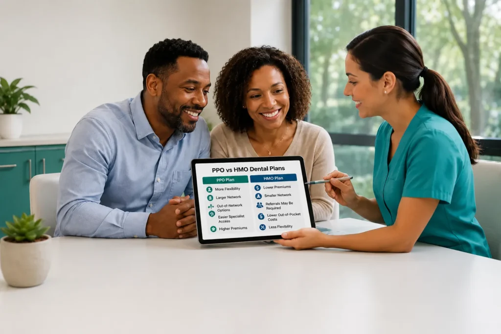 Patients comparing PPO vs HMO dental plans with a dentist during a dental insurance consultation.