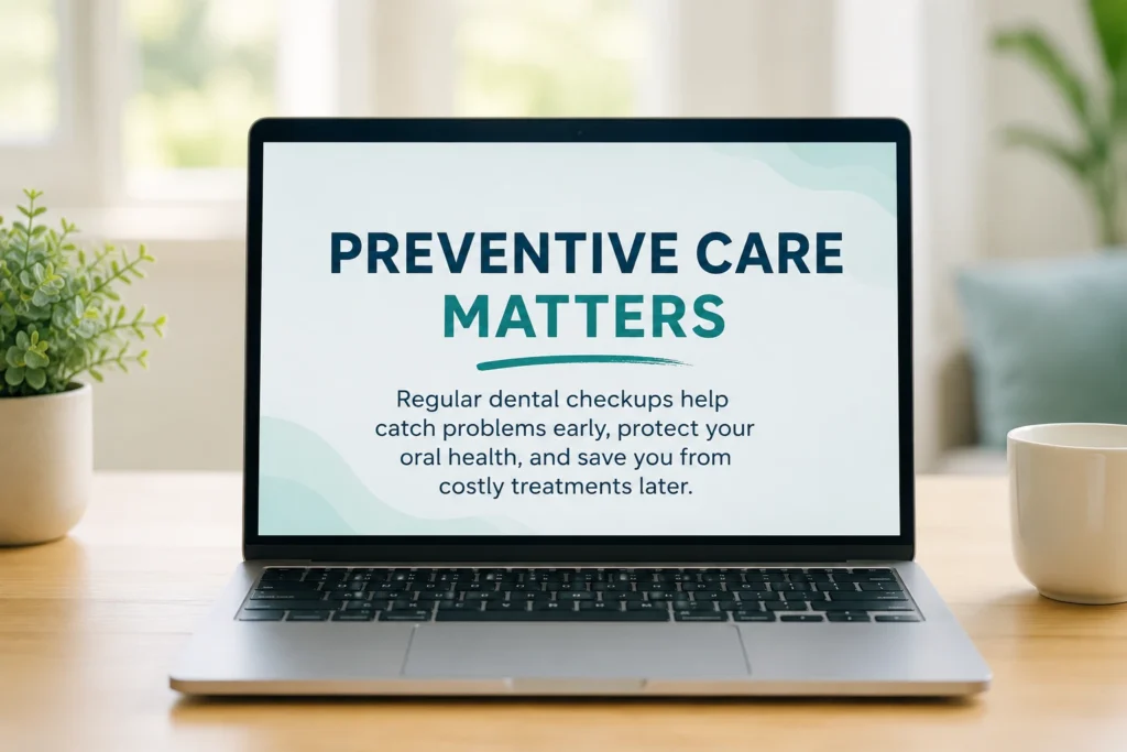 Laptop displaying preventive dental care information encouraging visitors to compare dental insurance plans that include preventive coverage.