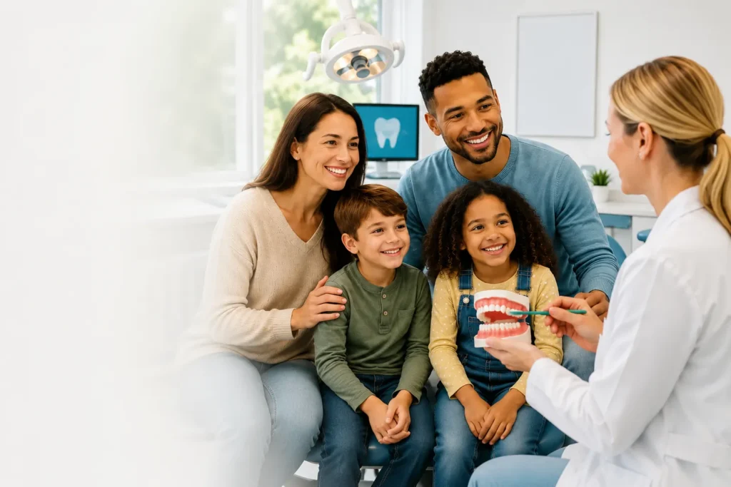 Family speaking with a dentist during a routine dental visit.