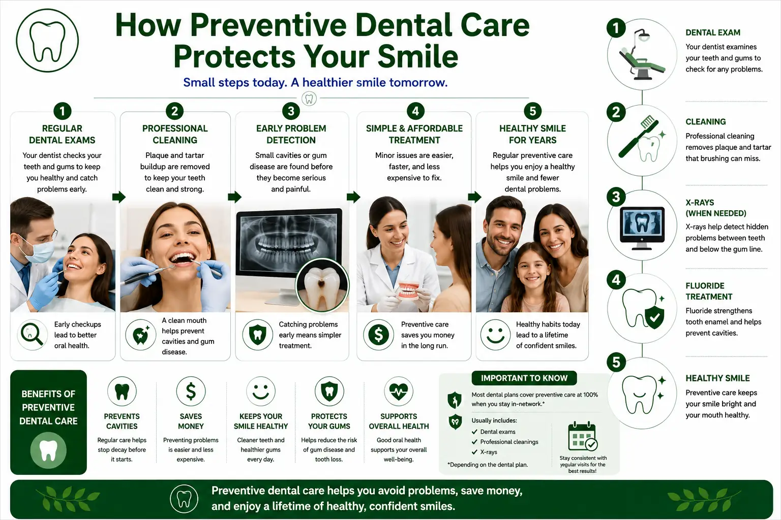 Infographic showing dental evaluations, professional cleanings, fluoride, sealants, diagnostic X-rays, and daily oral care.
