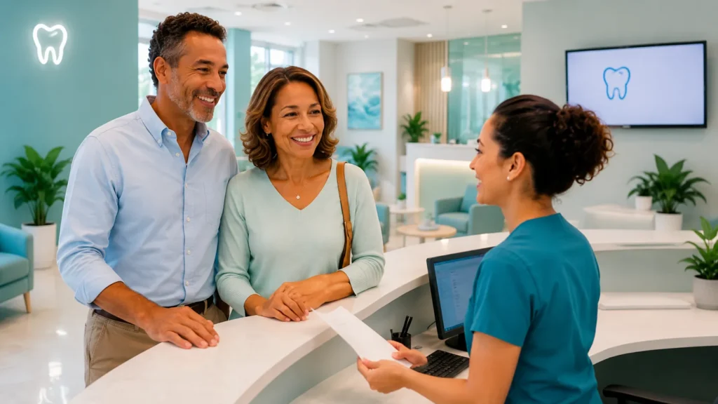 Senior couple speaking with a dental clinic representative at the reception desk before a consultation.