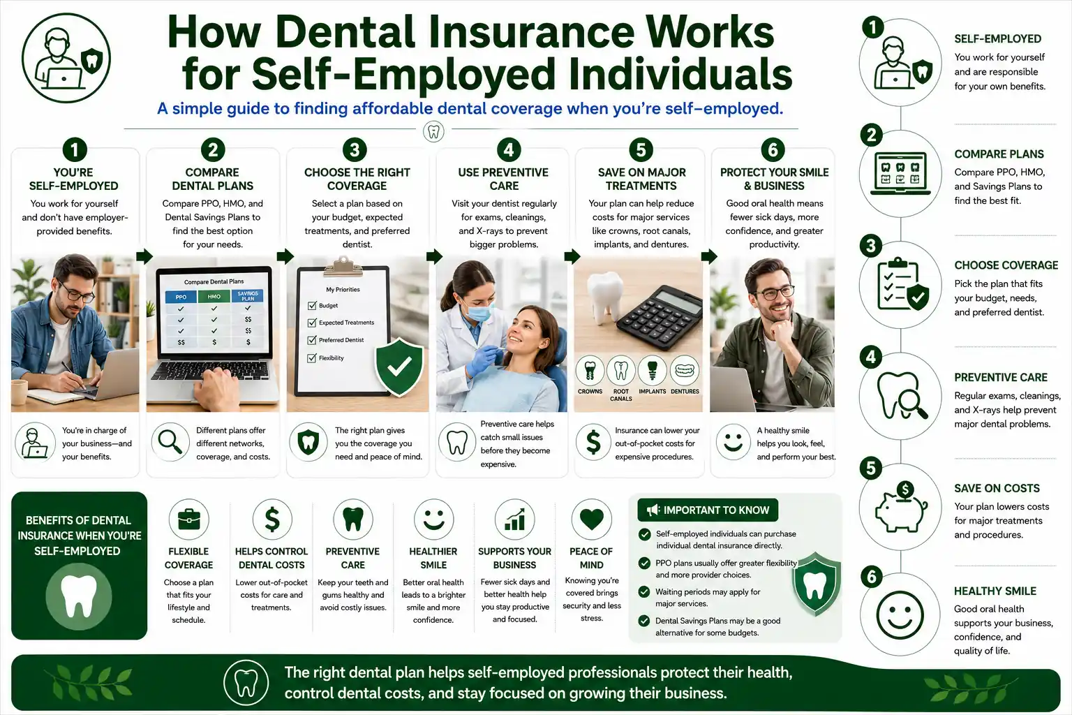 Infographic showing dental coverage sources, provider networks, waiting periods, benefit limits, and payment options for self-employed people.