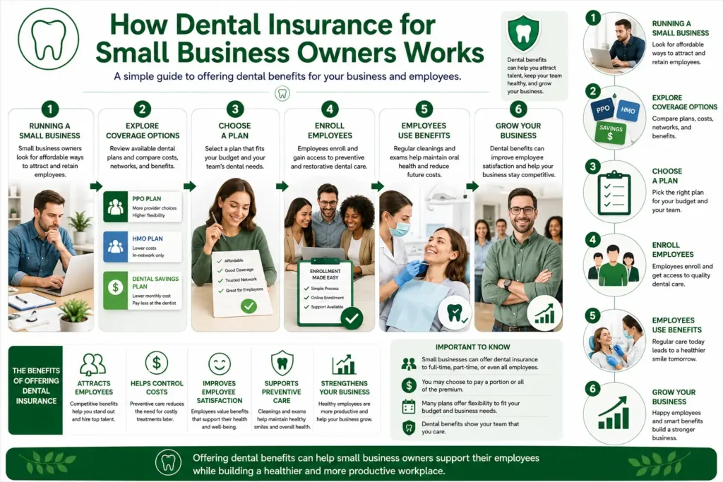 Infographic explaining how dental insurance works for small business owners, including choosing a plan, enrolling employees, and using benefits.