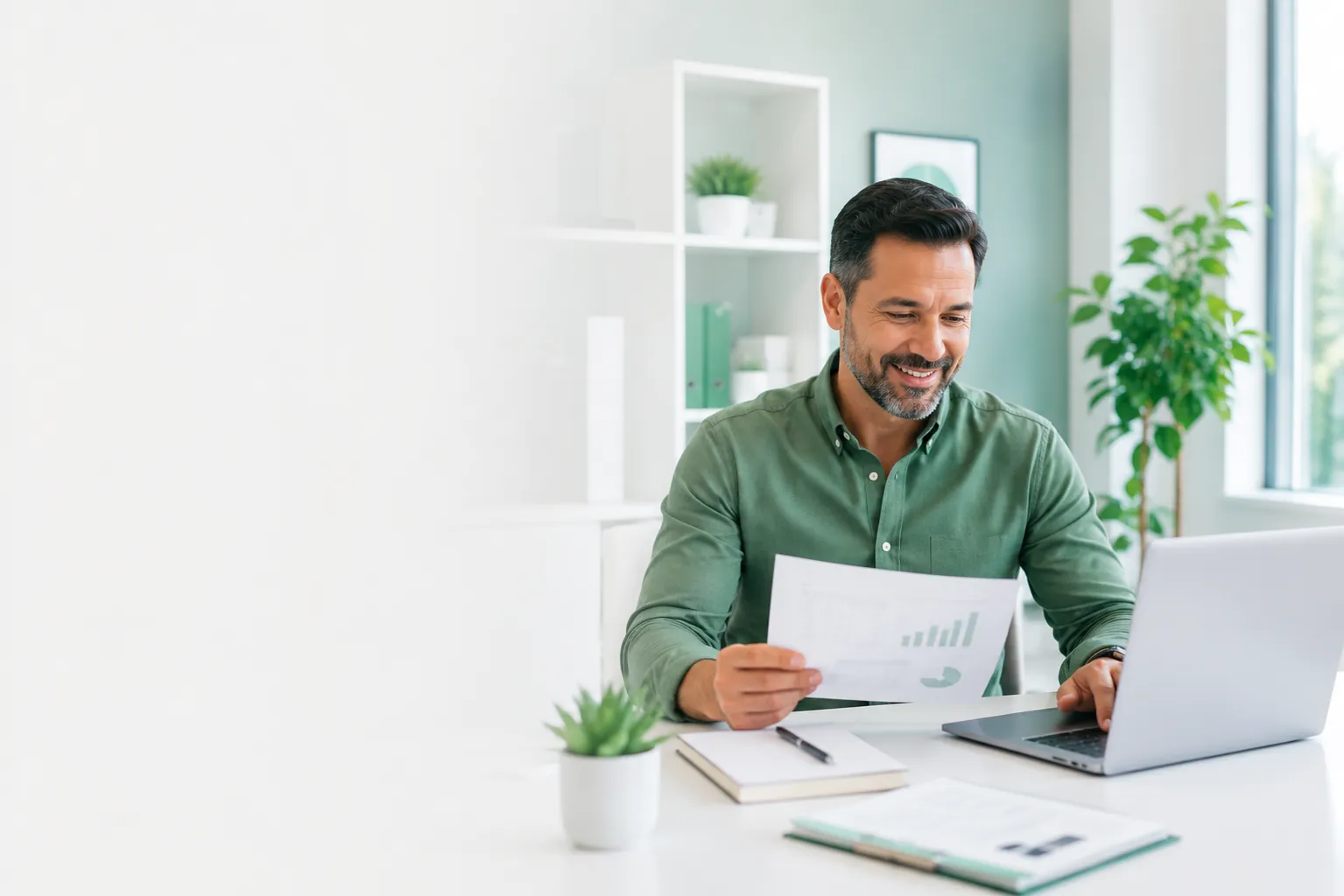 Small business owner reviewing dental insurance documents while working on a laptop in a bright home office.