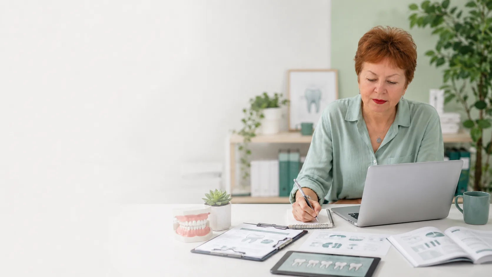 Maria Dumitru working at a laptop in a bright editorial workspace with dental research materials and educational resources.