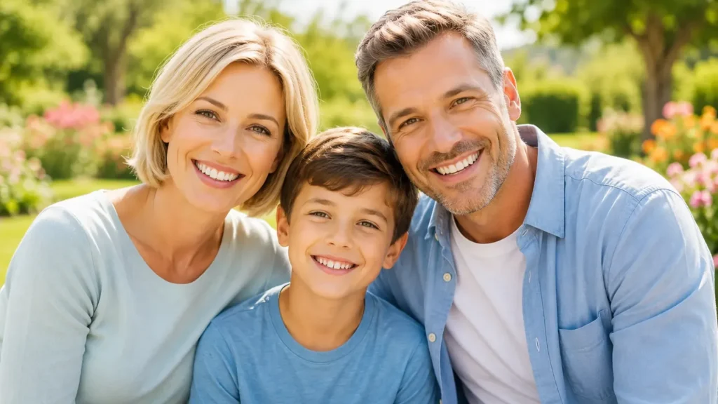 Smiling family exploring Aetna dental insurance plans designed to provide affordable dental coverage for parents and children.