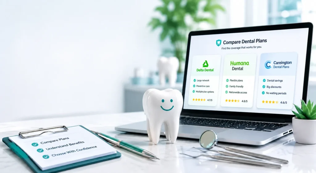 Laptop displaying dental insurance plan comparisons with a checklist and dental tools, encouraging visitors to compare plans and choose the right coverage.